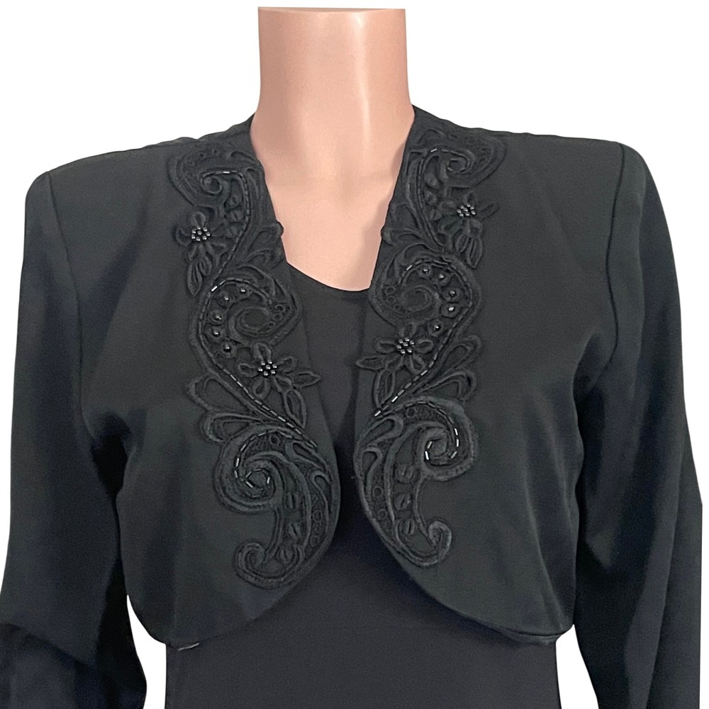 Scott McClintock Black Satin Victorian Evening Jacket Size‎ 12 Beaded Lace Trim